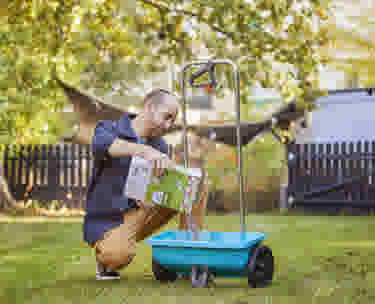 Homme versant un produit dans un épandeur bleu sur une pelouse verte, entouré d'arbres et d'une clôture.
