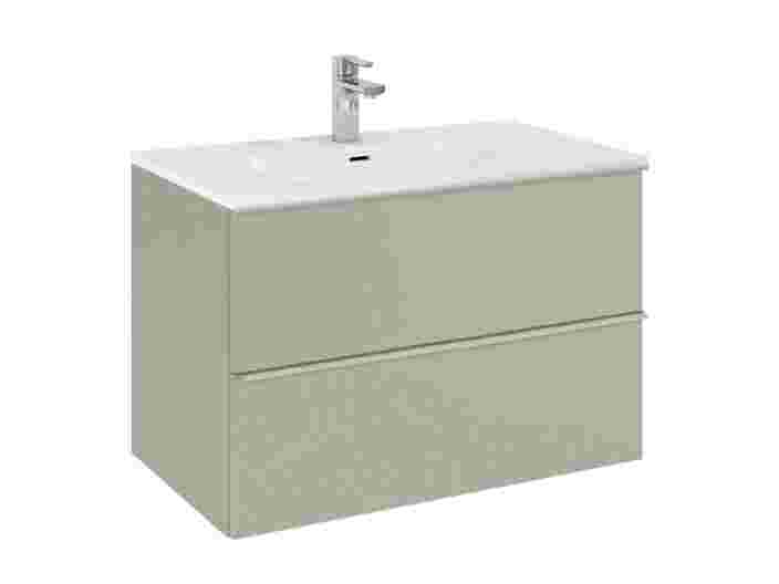 Meuble de salle de bain beige moderne avec deux tiroirs et lavabo blanc rectangulaire équipé d'un robinet chromé.