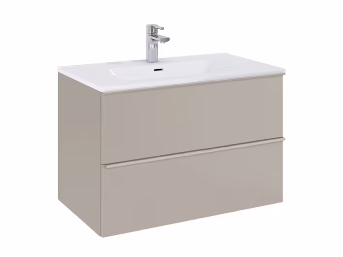 Meuble de salle de bains moderne avec meuble sous vasque beige, lavabo blanc et robinet chromé, équipé de deux tiroirs sans poignées.