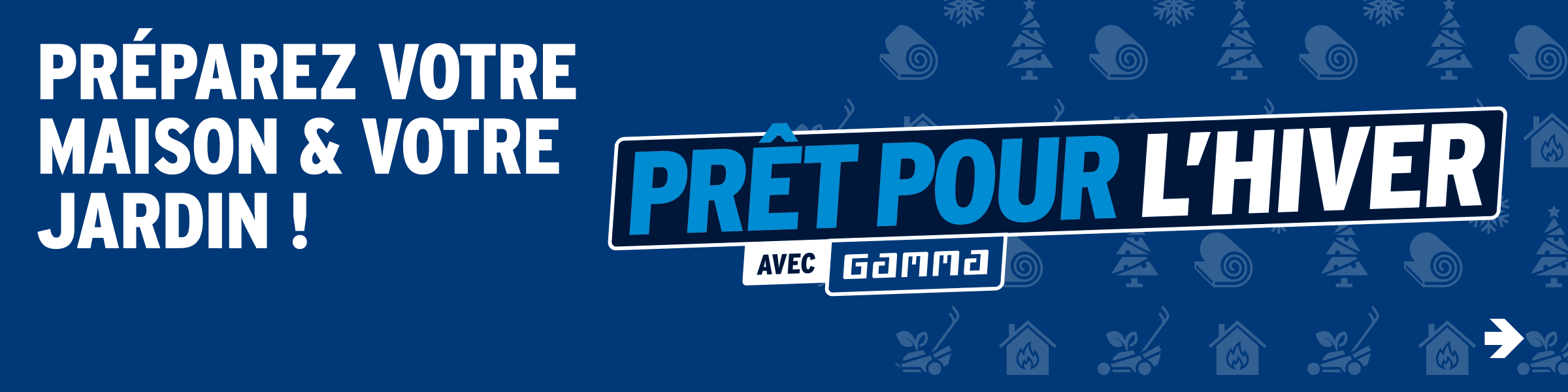 Bannière publicitaire bleue avec texte "Prêt pour l'hiver avec Gamma" et motifs hivernaux en arrière-plan.
