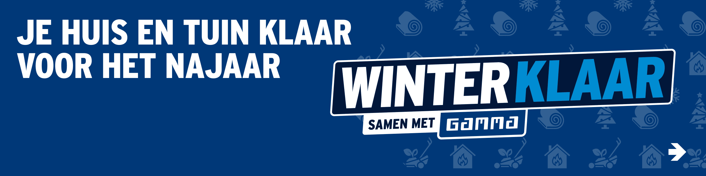 Winterklaar campagne logo met Gamma branding op blauwe achtergrond met winterse pictogrammen en tekst over huis en tuin klaar maken.