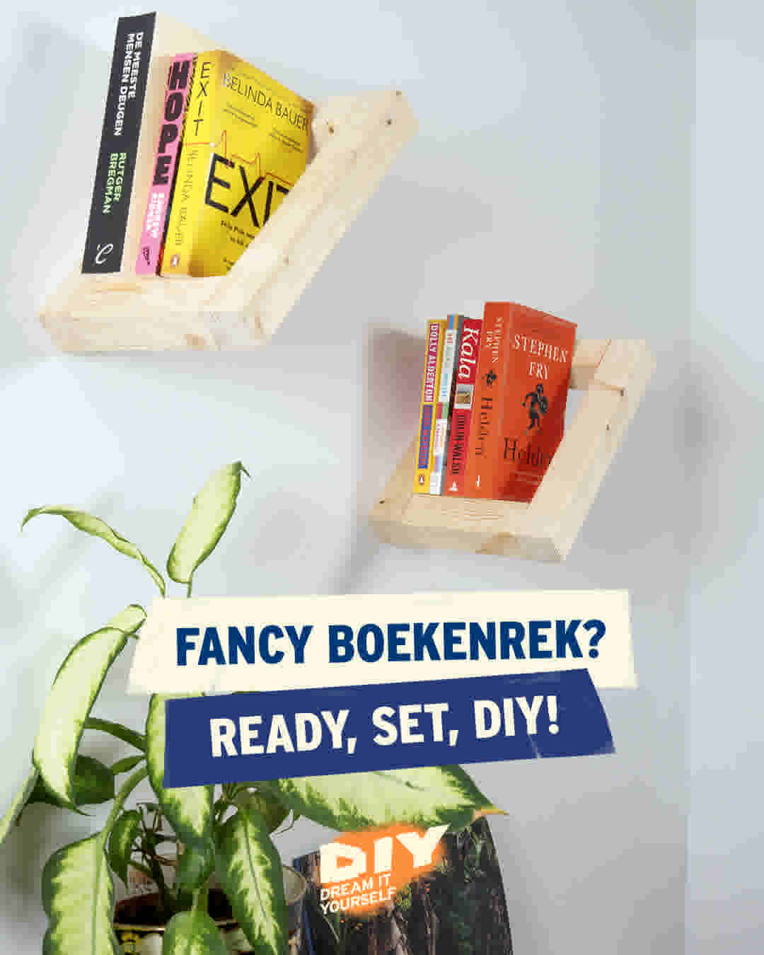 Twee houten boekenrekken aan een witte muur met kleurrijke boeken en een plant eronder met tekst 'Fancy boekenrek? Ready, set, DIY!'