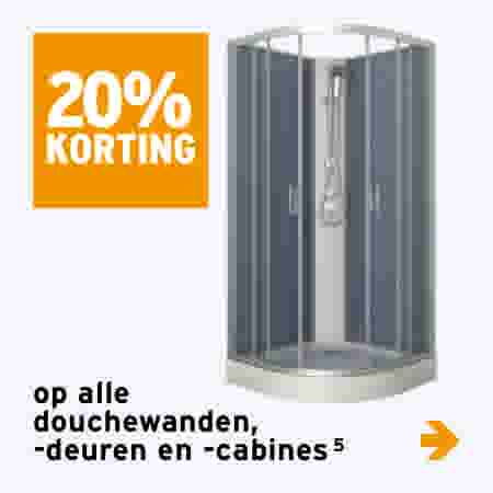 20% korting op alle douchewanden, -deuren en -cabines