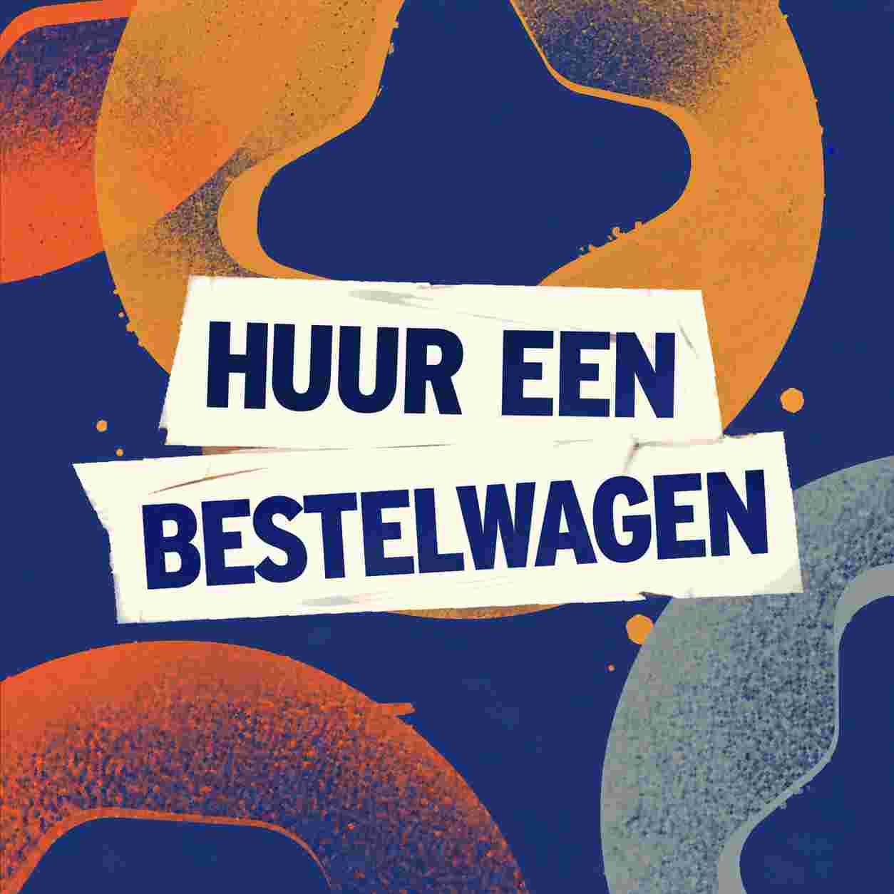 Kleurrijke abstracte achtergrond met oranje en blauwe vormen en witte banner met tekst 'HUUR EEN BESTELWAGEN'