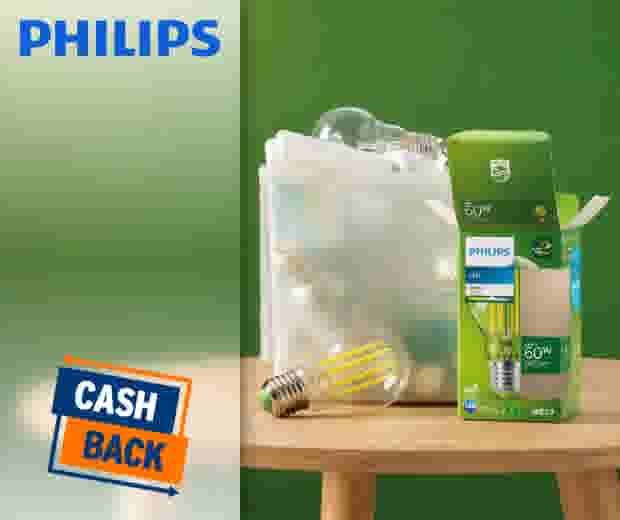 Logo Philips avec ampoules LED et emballage vert sur fond dégradé, badge "CASH BACK" en bas à gauche.
