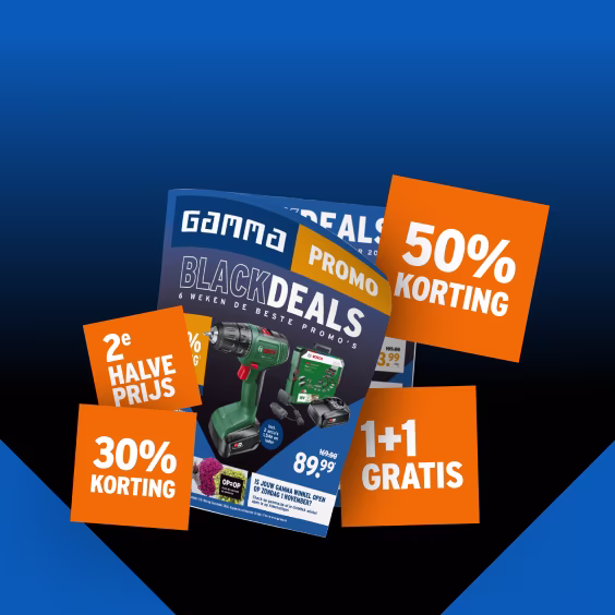 GAMMA Black Friday folder met oranje kortingsborden: 50% korting, 30% korting, 2e halve prijs en 1+1 gratis aanbiedingen.