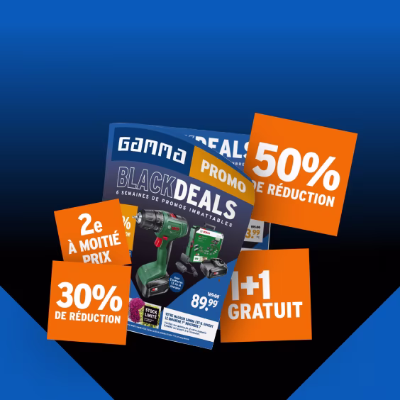 Catalogue Gamma Black Deals avec étiquettes promotionnelles orange affichant 50%, 30% de réduction et +1 gratuit.