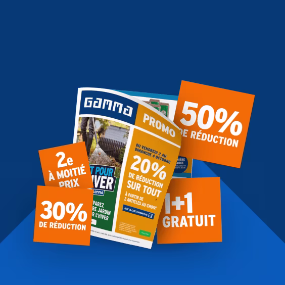 Catalogue promotionnel Gamma avec étiquettes orange affichant 50% de réduction, 30% de réduction et +1 gratuit sur fond bleu.