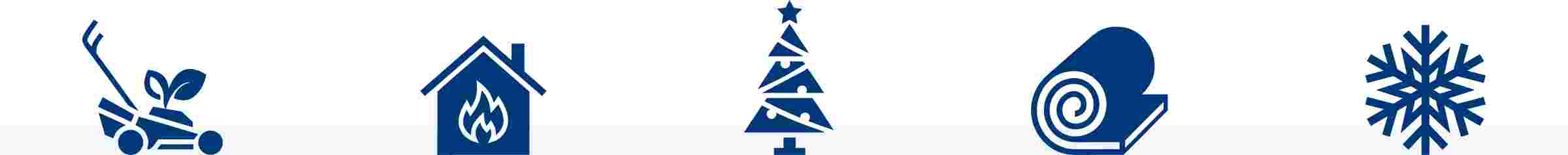 Vijf donkerblauwe pictogrammen op een rij: tuingereedschap, huis met vlammen, kerstboom, tuinslang en sneeuwvlok.