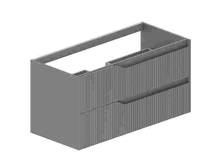 Meuble de salle de bain gris avec deux tiroirs à façade rainurée, présenté en vue isométrique sans comptoir ni lavabo.