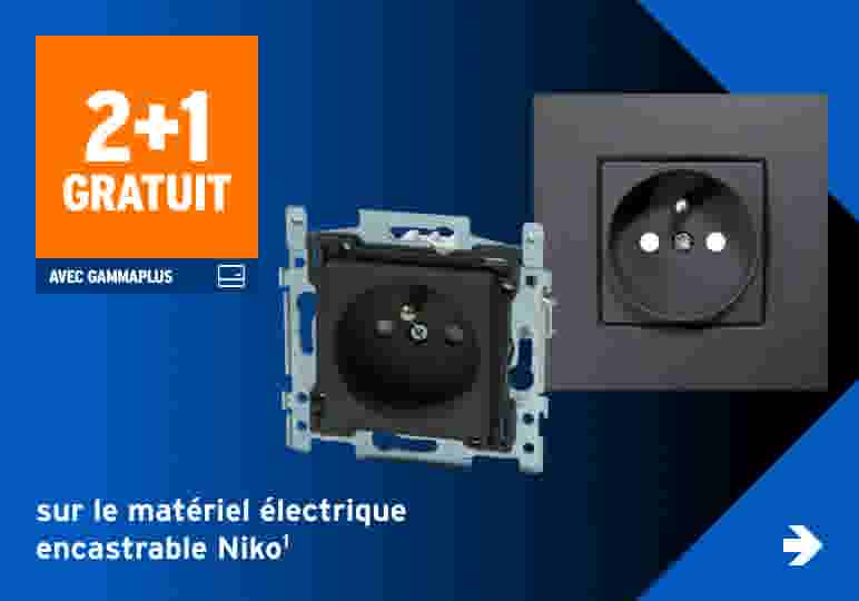 Prises électriques Niko encastrables noires sur fond bleu avec offre promotionnelle 2+1 gratuit avec Gammaplus.