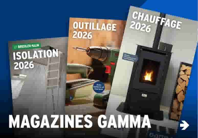 Trois catalogues promotionnels 2026 pour l'isolation, les outils et le chauffage sur fond bleu avec texte Gamma Specials.