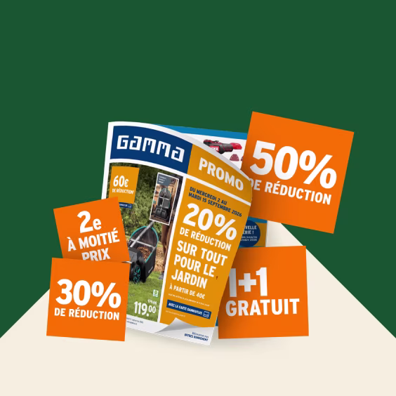 Dépliant Gamma avec étiquettes orange affichant diverses réductions : 50%, 30%, 20% et offre +1 gratuit sur fond vert.