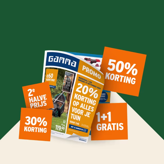 Gamma Folder met oranje kortingslabels: 50% korting, 2e halve prijs, 30% korting en 1+1 gratis op groene achtergrond.