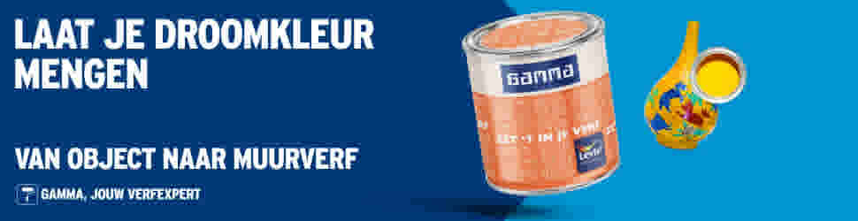 Een verfblik van Gamma en een kleurrijke verfpot op blauwe achtergrond met tekst "Laat je droomkleur mengen".