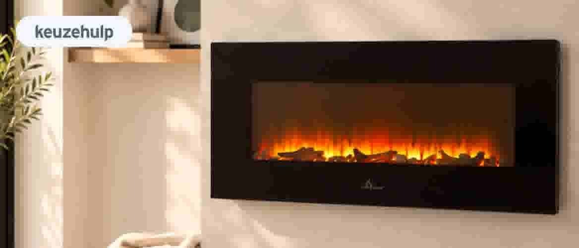 Moderne woonkamer met zwarte elektrische wandhaard met oranje vlameffect en persoon zittend op grijze bank.