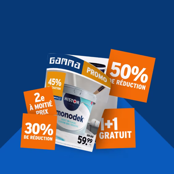 Catalogue promotionnel Gamma avec étiquettes orange affichant 50% de réduction, 30% de réduction et +1 gratuit sur fond bleu.