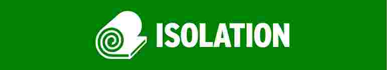 Logo blanc montrant un rouleau d'isolant stylisé avec le mot "ISOLATION" en lettres majuscules sur fond vert.