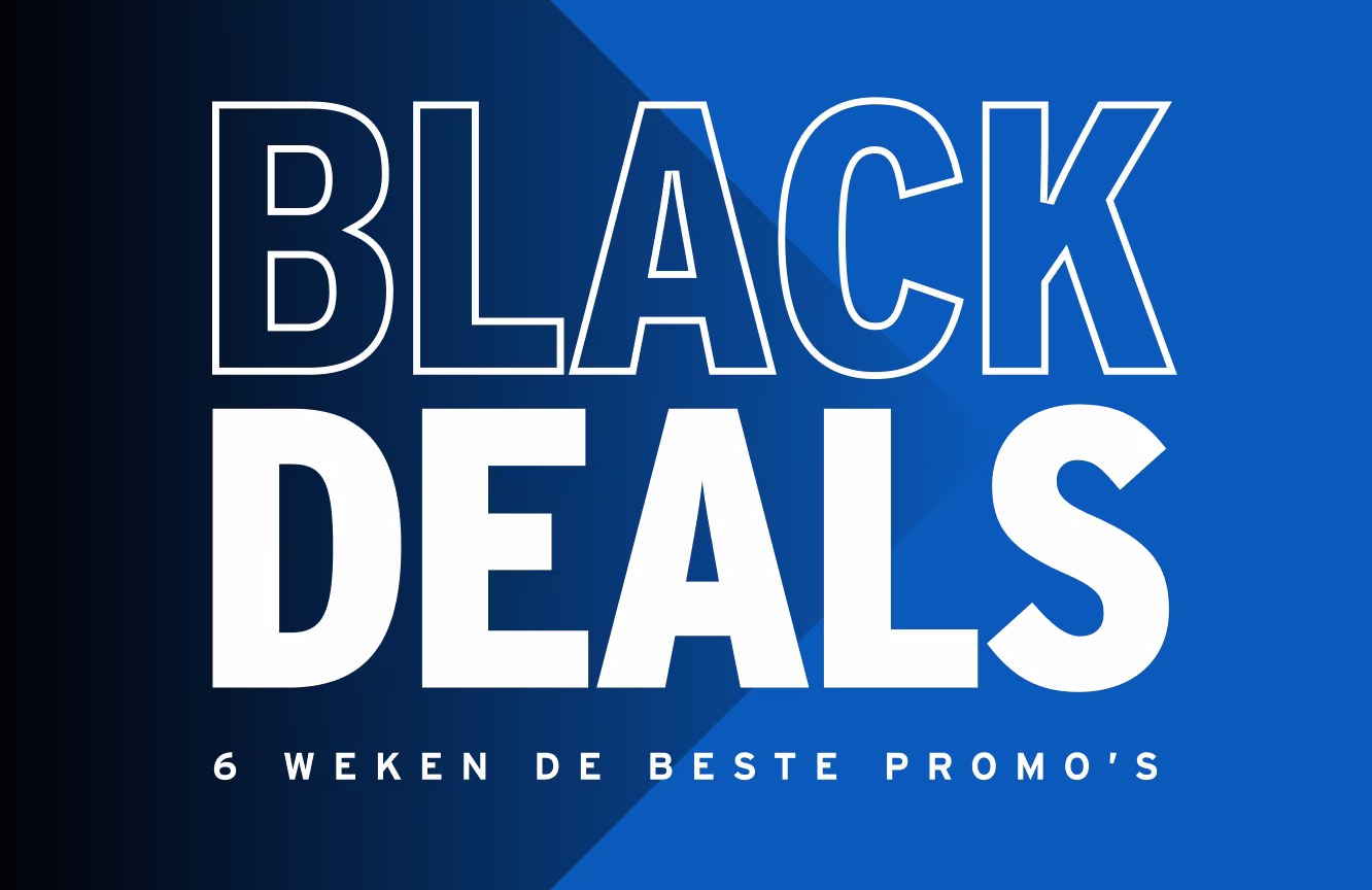 Blauwe en zwarte achtergrond met witte tekst BLACK DEALS en ondertitel 6 weken de beste promo's
