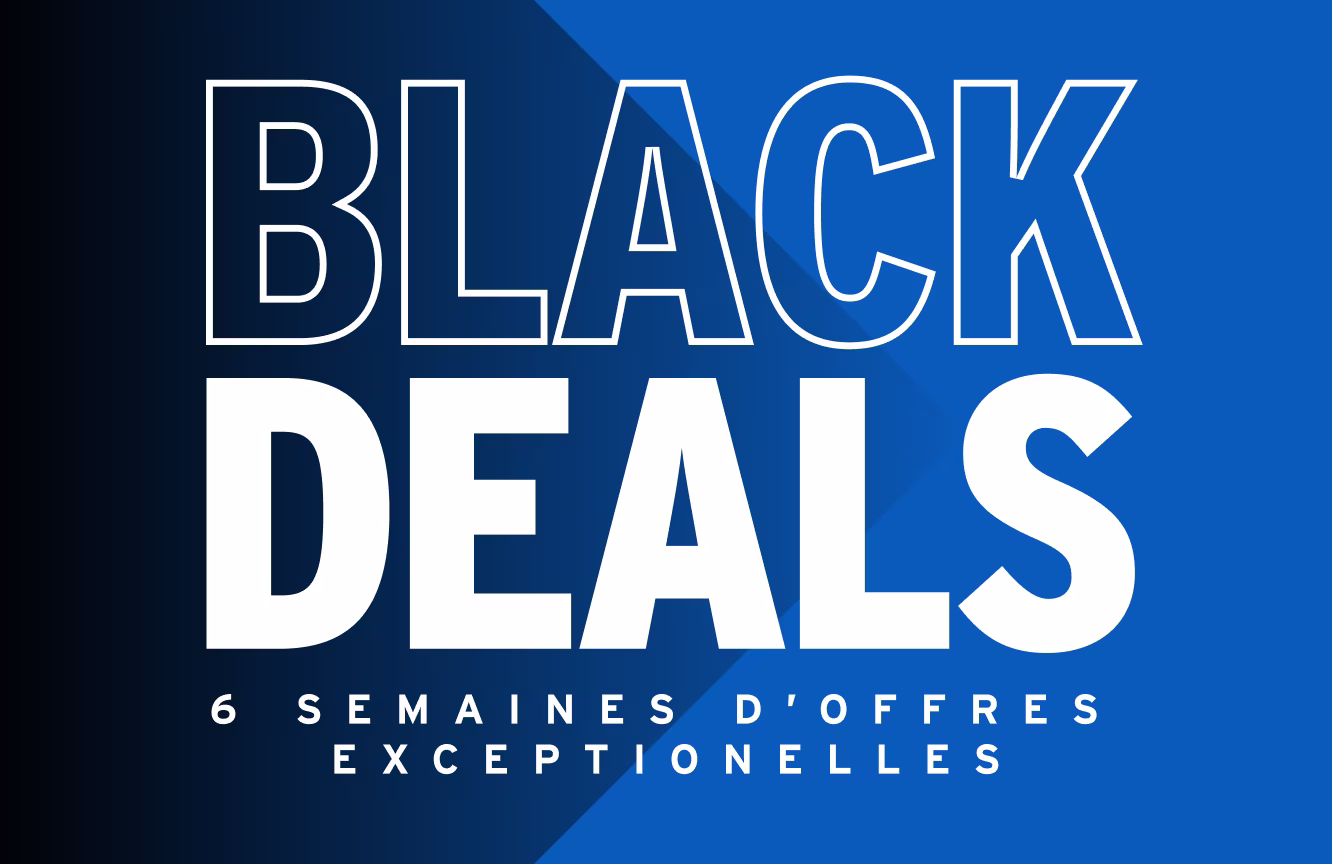 Bannière publicitaire Black Deals sur fond bleu dégradé avec texte blanc annonçant 6 semaines d'offres exceptionnelles.