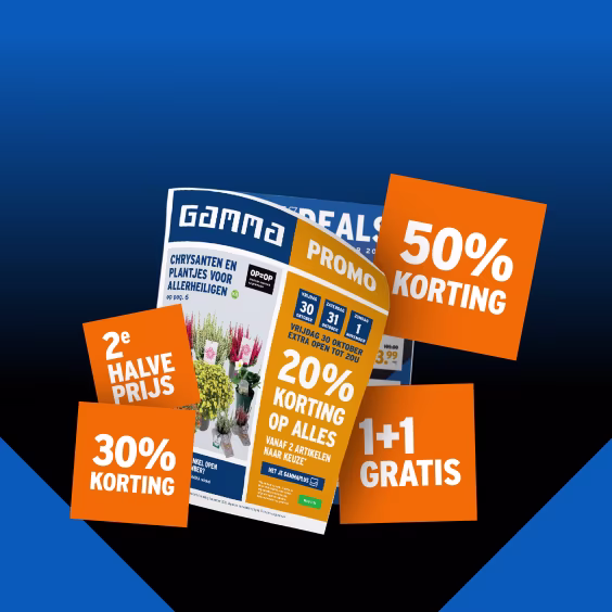 GAMMA Black Friday folder met oranje kortingsborden: 50% korting, 30% korting, 2e halve prijs en 1+1 gratis aanbiedingen.