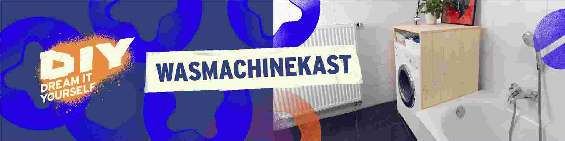 DIY Dream It Yourself logo met wasmachinekast in moderne badkamer met blauwe decoratieve vormen