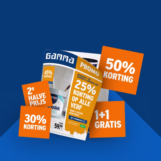 Gamma promofolder met oranje kortingslabels op blauwe achtergrond, met aanbiedingen zoals 50% korting en 1+1 gratis.