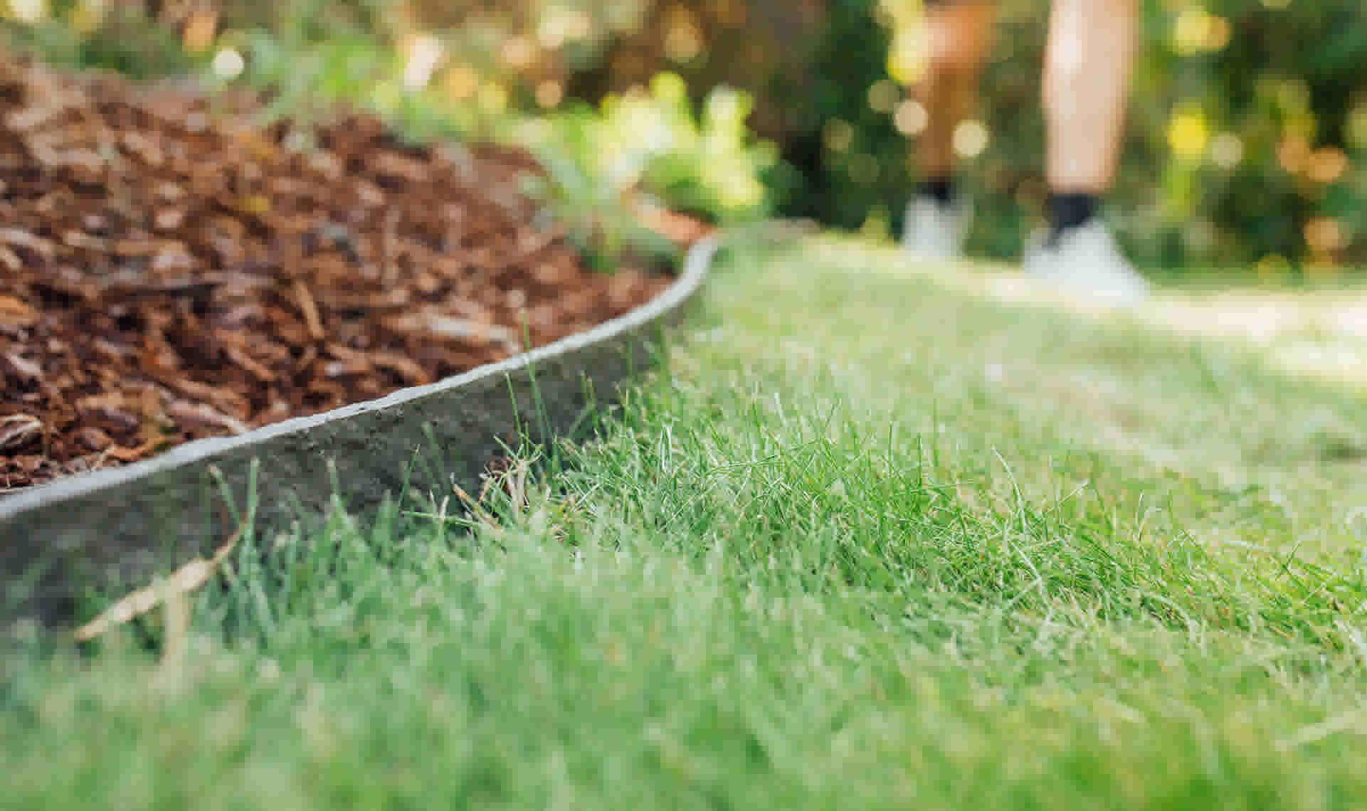 Tuinrand met Ecolat afboording tussen groen gras en donkere houtsnippers, met een wazig figuur op de achtergrond.