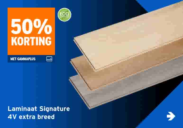 Drie laminaatvloerplanken in verschillende houtstructuren met 50% korting aanbieding en ECO Cheques logo op blauwe achtergrond.