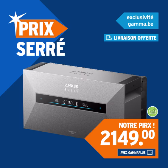 Batterie de secours Anker SOLIX C1000 affichée à 2149€ avec livraison offerte sur fond bleu gamma.be