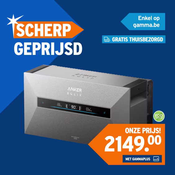 Anker Solix thuisbatterij op blauwe achtergrond met oranje prijslabel van 2149 euro en gratis thuisbezorging aanbieding.