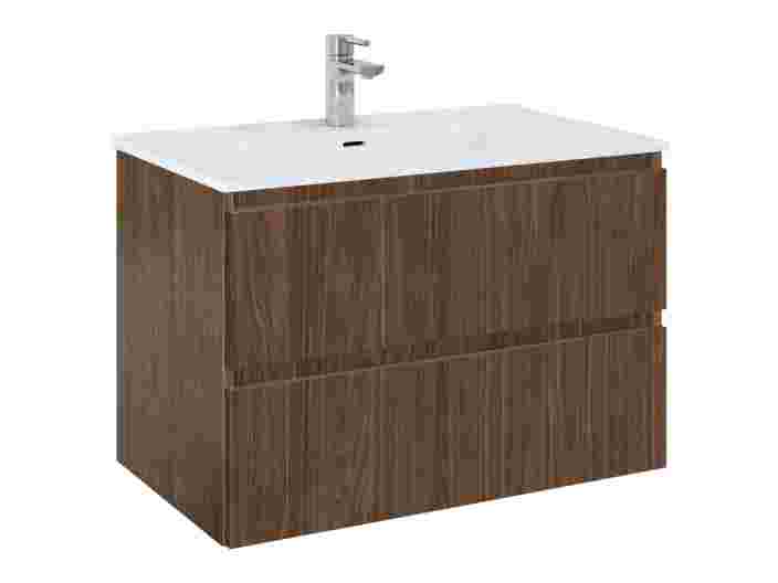 Meuble de salle de bain en bois foncé avec deux tiroirs et lavabo blanc intégré, surmonté d'un robinet chromé moderne.