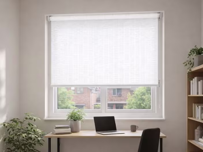 Wit rolgordijn voor een raam in een lichte werkkamer met bureau, laptop, plant en boekenkast.