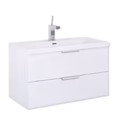Meuble de salle de bain blanc moderne avec deux tiroirs et lavabo rectangulaire intégré, surmonté d'un robinet chromé.