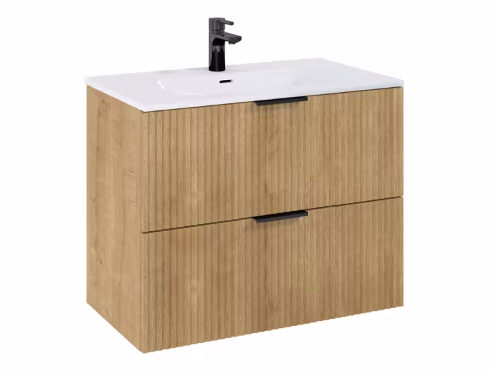 Modern badkamermeubel met houten lades, witte wastafel en zwarte kraan op een strak ontworpen kastje.