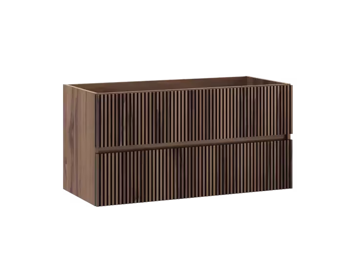 Houten rechthoekig meubel met verticale latten aan de voorkant, mogelijk een dressoir of tv-meubel in donkere walnootkleur.