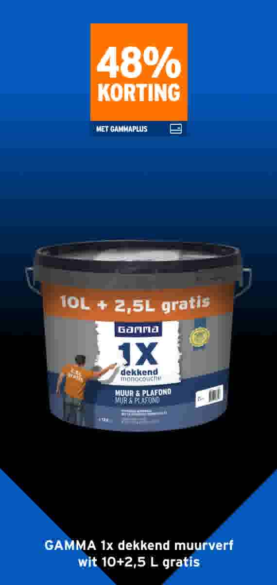 48% korting GAMMA 1x dekkend muurverf wit 10+2,5 L gratis