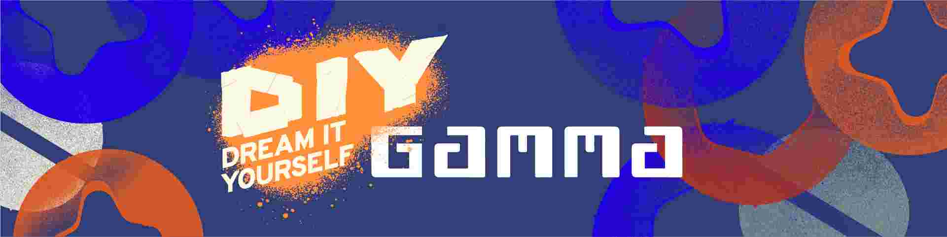 Kleurrijk abstract ontwerp met DIY Dream It Yourself en Gamma logo op blauwe achtergrond met oranje en grijze vormen.