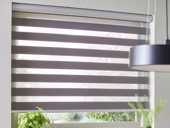 Grijze duorolgordijnen op een raam met afwisselende transparante en ondoorzichtige strepen. Planten en een lamp zijn zichtbaar.