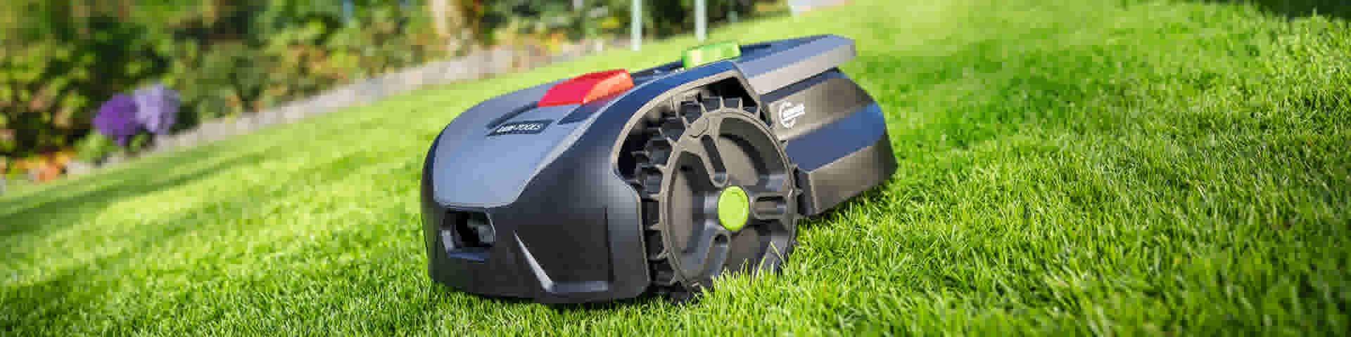 Tondeuse robot Bosch verte et noire tondant une pelouse près d'une bordure de jardin avec des plantes à fleurs roses.