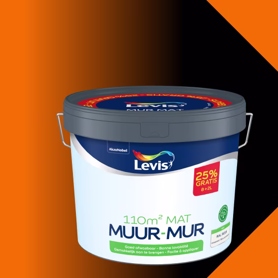 Witte verfemmer van Levis Muur-Mur mat met grijs deksel en blauw label, tegen oranje-zwarte achtergrond.