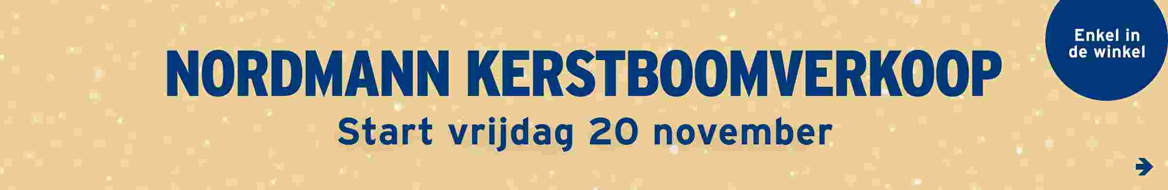 Nordmann kerstboomverkoop start vrijdag 20 november banner met beige achtergrond en blauwe tekst met sneeuwvlokken