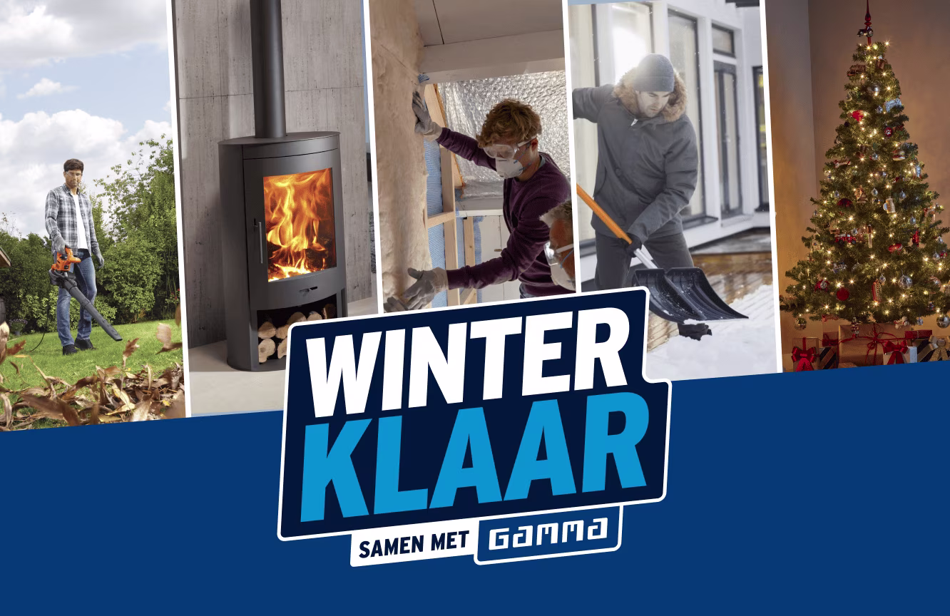 Collage met winterse activiteiten: tuinonderhoud, houtkachel, huisschilderen en kerstboom, met logo 'Winterklaar samen met Gamma'