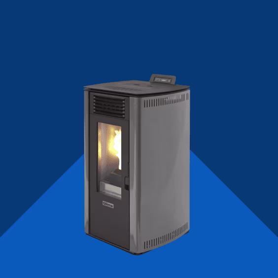 Poêle à granulés moderne gris et noir avec flamme visible, sur fond bleu dégradé