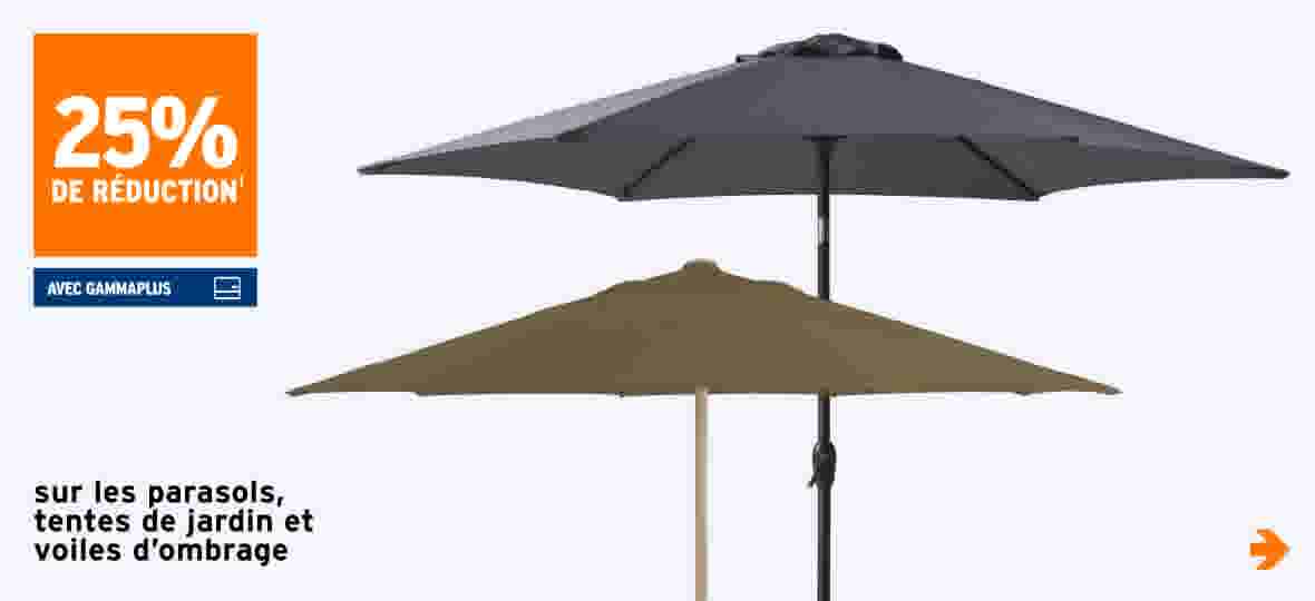 25% de réduction sur les parasols, tentes de jardin et voiles d’ombrage