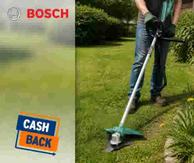 Personne utilisant un coupe-bordures Bosch vert dans un jardin ensoleillé avec logo Cash Back affiché