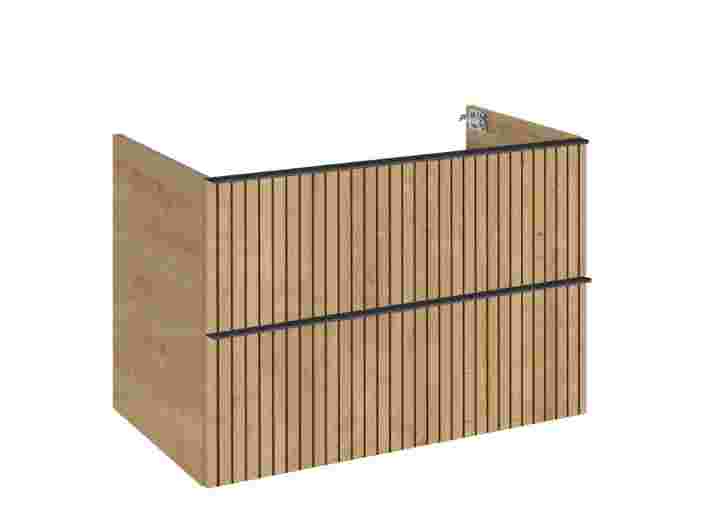 Houten badkamermeubel met verticale latten en zwarte metalen accenten.