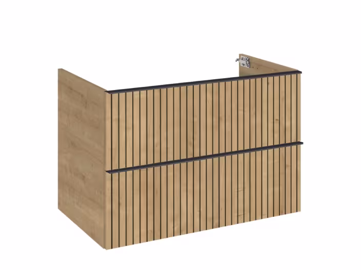 Comptoir moderne en bois avec lattes verticales et accents noirs, conçu pour les réceptions ou les espaces d'accueil.