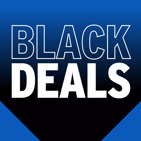 Witte tekst 'BLACK DEALS' op zwarte achtergrond met blauwe rand, promotionele verkoopbanner