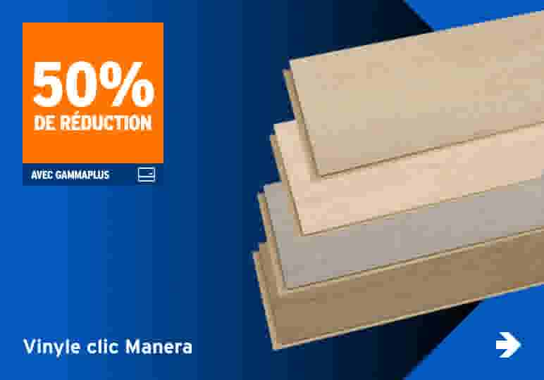 Échantillons de vinyle clic Manera en tons beiges et gris sur fond bleu avec badge de réduction de 50%